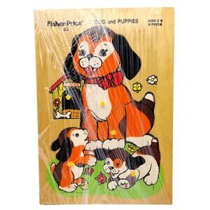 VINTAGE FISHER PRICE WOODEN PEG PUZZLE Dog and Puppies # 511 Pick up & Peek
